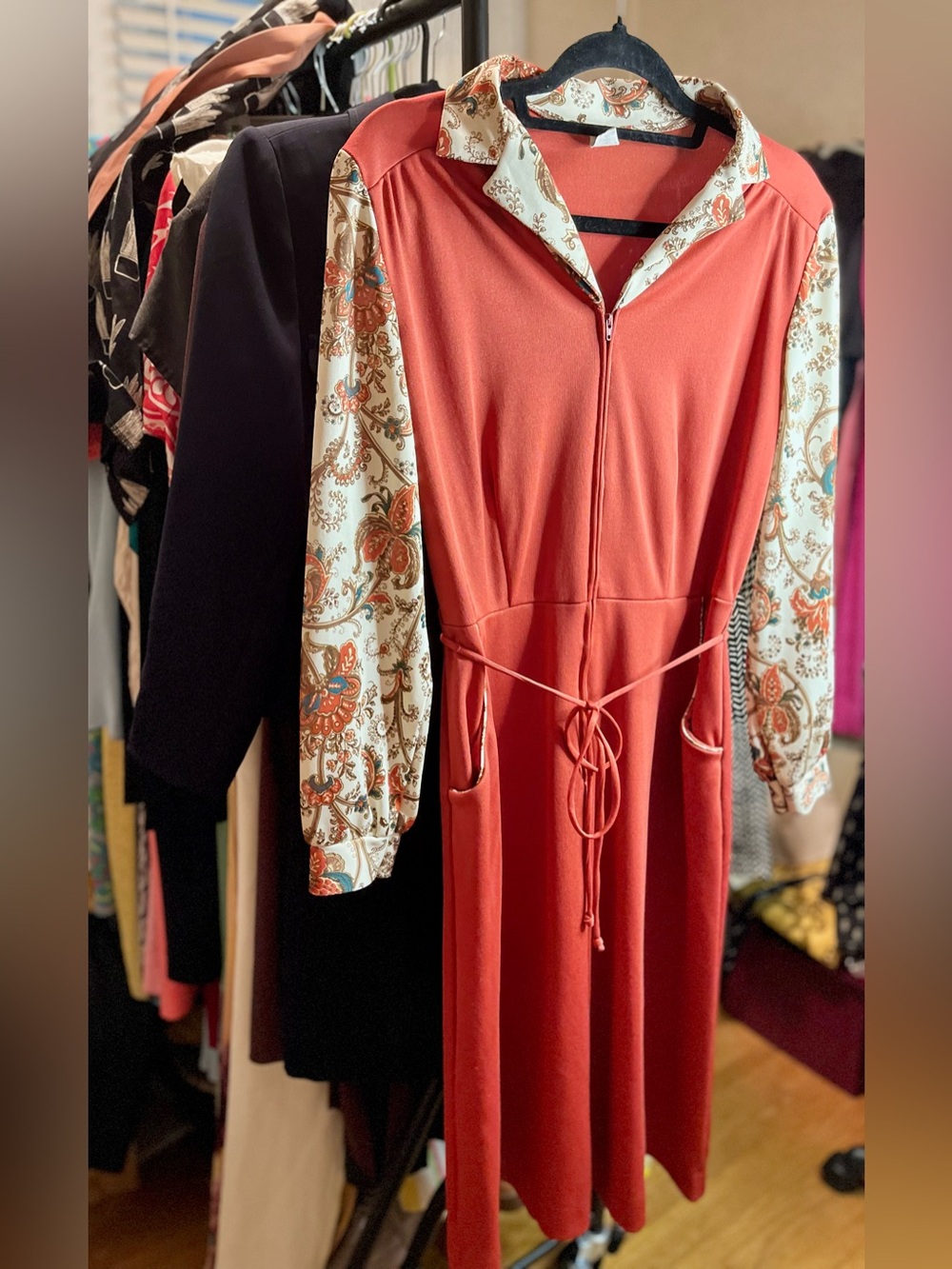 Women's Rust Zip-Front Dress with Cream Paisley Sleeves